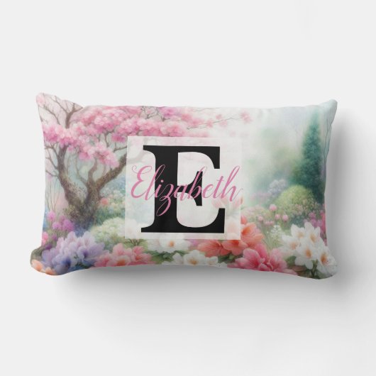 水の色のモノグラム名パステルの花Th ランバークッション (正面)