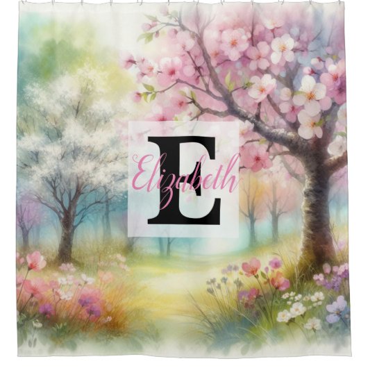 水の色のモノグラム名花パステル シャワーカーテン (正面)