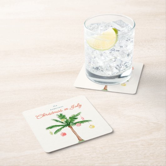 水の色のヤシの木のクリスマス7月BBQ夏パーティー スクエアペーパーコースター (インサイチュ)