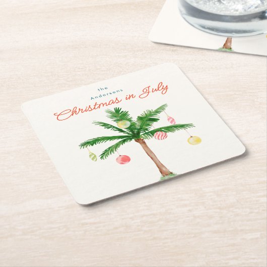 水の色のヤシの木のクリスマス7月BBQ夏パーティー スクエアペーパーコースター (アングル)