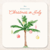水の色のヤシの木のクリスマス7月BBQ夏パーティー スクエアペーパーコースター (正面)