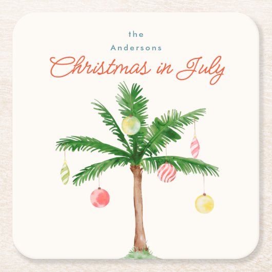 水の色のヤシの木のクリスマス7月BBQ夏パーティー スクエアペーパーコースター (正面)