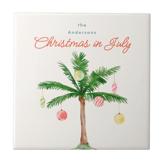 水の色のヤシの木のクリスマス7月BBQ夏パーティー タイル (正面)