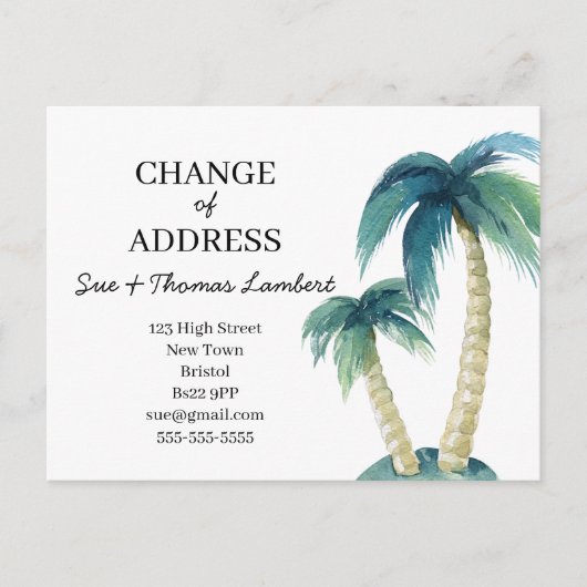 水の色のヤシの木のビーチアドレスの変更 案内ポストカード (正面)