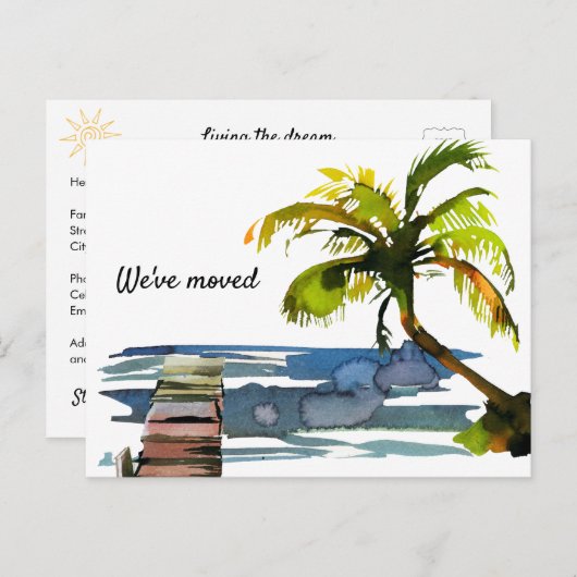 水の色のヤシの木の私たちは新しいアドレス移動 案内ポストカード (正面/裏面)
