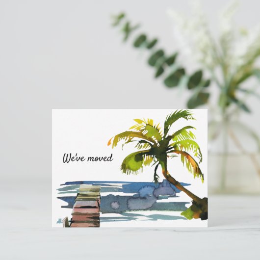 水の色のヤシの木の私たちは新しいアドレス移動 案内ポストカード (スタンド正面)