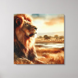 水の色のライオンのサバンナ キャンバスプリント