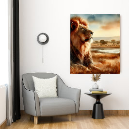 水の色のライオンのサバンナ キャンバスプリント