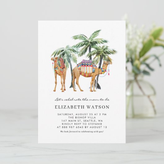 水の色のラクダとヤシの木の砂漠の赤ちゃんシャワー 招待状 (スタンド正面)