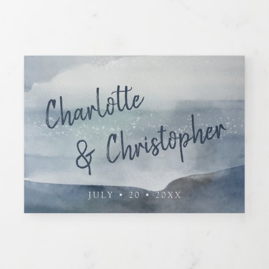 水の色のランドスケープ結婚インジゴ 三つ折り招待状 (カバー)