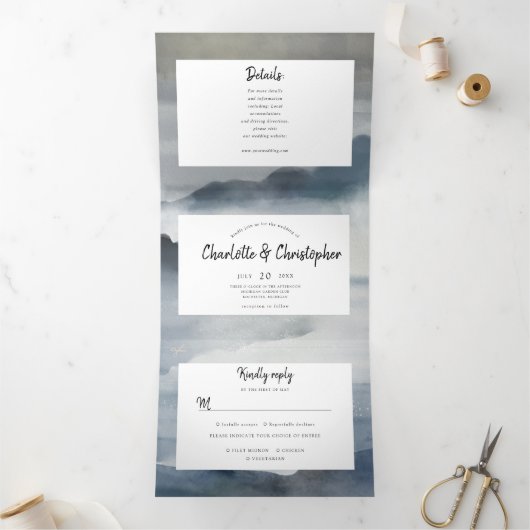 水の色のランドスケープ結婚インジゴ 三つ折り招待状 (内部)