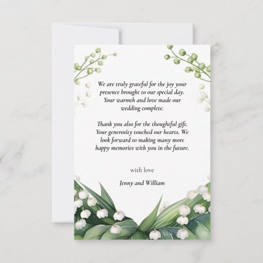 水の色のリリーの谷のブライダル結婚 サンキューカード (裏面)