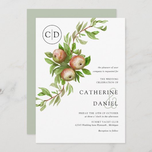 水の色のリンゴとモノグラム結婚の 招待状 (正面/裏面)
