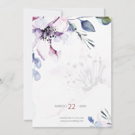 水の色のリンゴの花の日付を保存 招待状 (裏面)