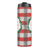 水の色のリースとチェックのクリスマスホリデーギフト タンブラー (正面)