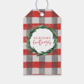 水の色のリースとチェックのクリスマスホリデー ギフトタグ (正面)