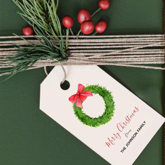 水の色のリースと赤い弓クリスマスギフトタグ ギフトタグ
