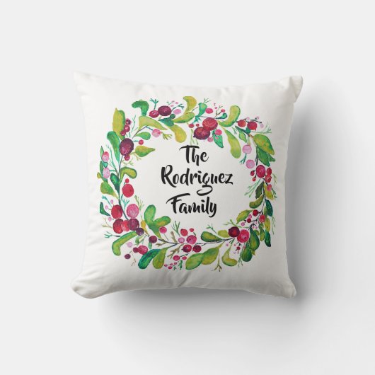 水の色のリースと赤い果実&名前 クッション (正面)