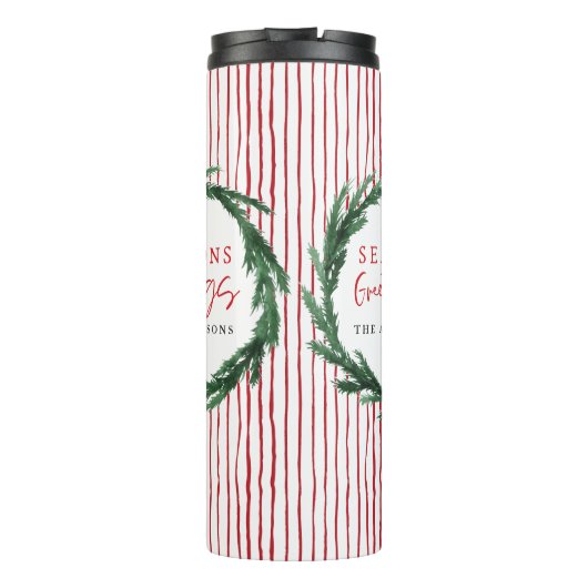 水の色のリース+ストライプクリスマスのホリデーギフト タンブラー (裏面)