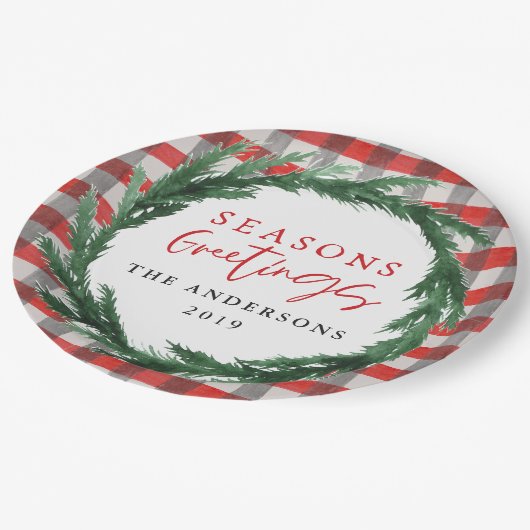 水の色のリース+チェックのクリスマスの休日 ペーパープレート (アングル)