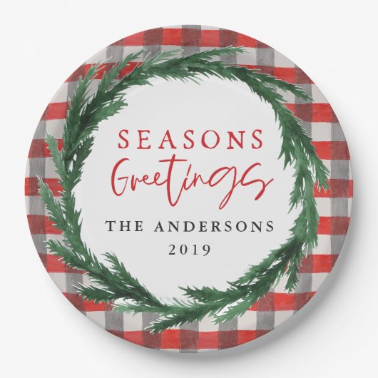 水の色のリース+チェックのクリスマスの休日 ペーパープレート (正面)