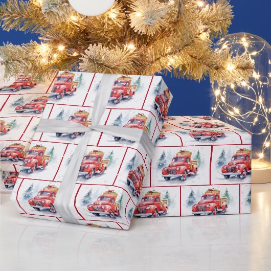 水の色のレトロレッドトラックスノーフレーク ラッピングペーパー (クリスマス)
