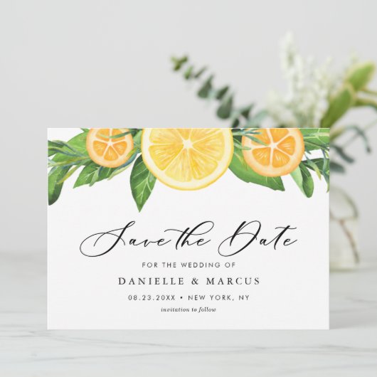 水の色のレモンとオレンジのサマー結婚ズ セーブザデート (スタンド正面)