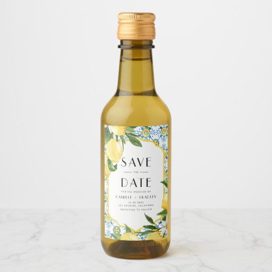 水の色のレモン地中海の日付を保存 ワインラベル (正面)