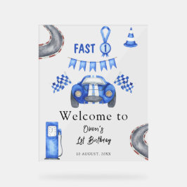水の色のレースカー最初の誕生日パーティーへようこそ アクリルサイン