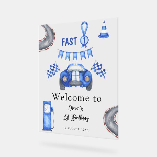 水の色のレースカー最初の誕生日パーティーへようこそ アクリルサイン (傾斜)