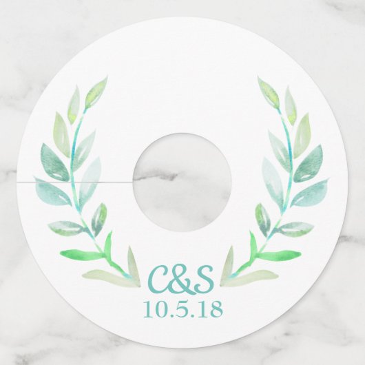 水の色のローレル&カップルのイニシャル結婚 ワイングラスタグ (正面)