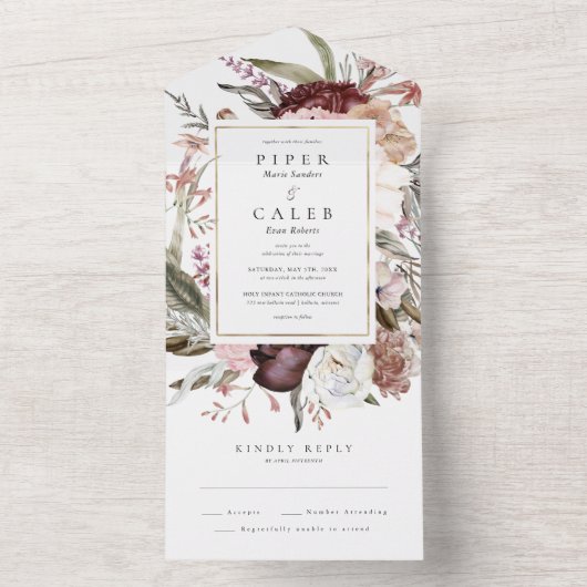 水の色のワイルドフラワー結婚の全てを一つのinvitati オールインワン招待状 (内側)