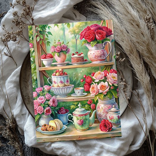 水の色のヴィンテージみすぼらしいシックなティーテーブル赤いバラ 薄葉紙