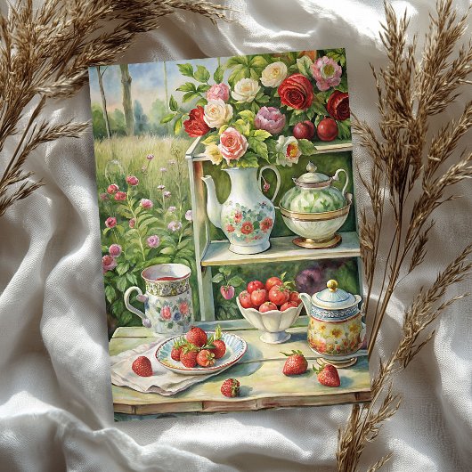 水の色のヴィンテージみすぼらしいシックなティーテーブル赤いバラ 薄葉紙