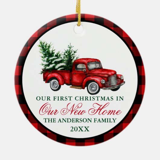 水の色のヴィンテージトラック私たちの新しいホームプレイド セラミックオーナメント (裏面)