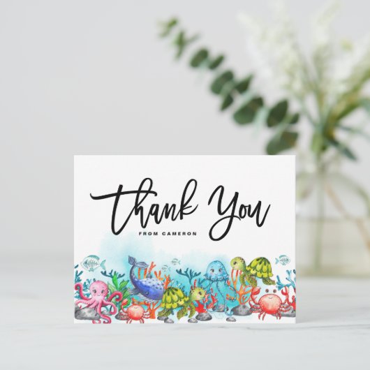 水の色の下の海のテーマ誕生日ありがとう ポストカード (スタンド正面)