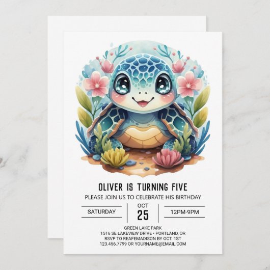 水の色の下の海キッズタートルボーイ誕生日 招待状 (正面/裏面)