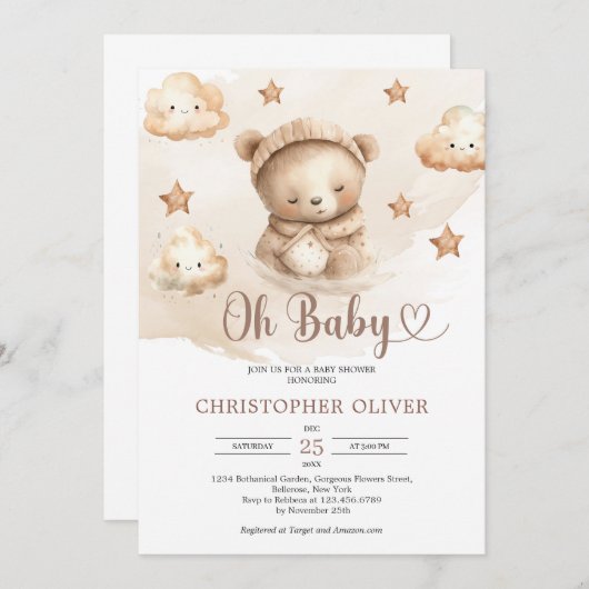 水の色の中性の眠っているテディベア 招待状 (正面/裏面)