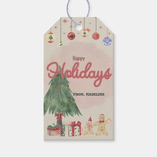 水の色の休日のツリーのレトロなスタイル優先ボックス ギフトタグ (正面)