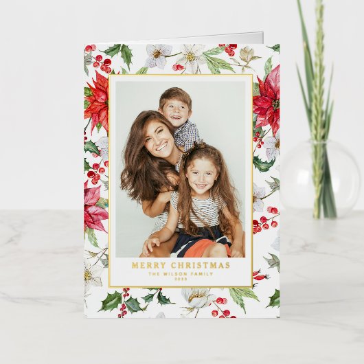 水の色の休日花模様ホワイトメリークリスマス 箔シーズンカード (正面)