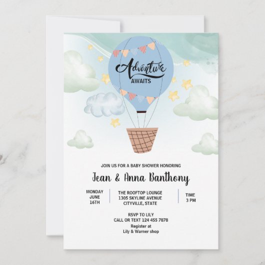 水の色の冒険が赤ちゃんのシャワーを待つ 招待状 (正面)