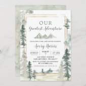 水の色の冒険の森の松の木ベビーシャワー 招待状 (正面/裏面)