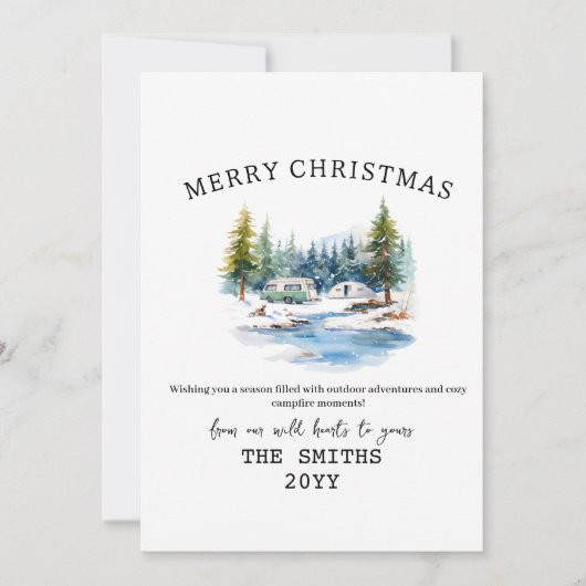水の色の冬のキャンピングフォレスト屋外クリスマス シーズンカード (正面)