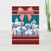 水の色の冬のクリスマススノービレッジと弓 シーズンカード (正面)