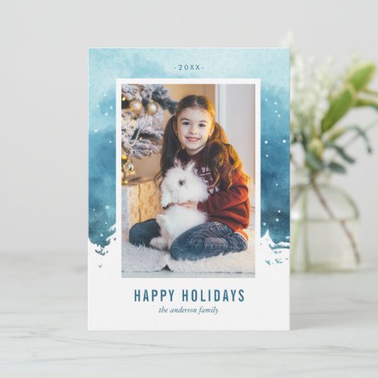 水の色の冬のシーンのクリスマスフォト シーズンカード (スタンド正面)