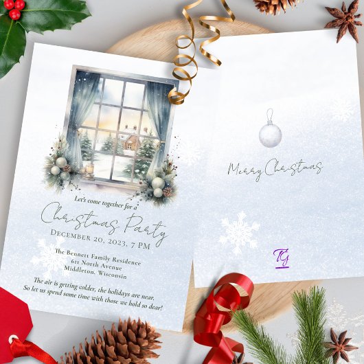 水の色の冬のシーンフォレストパインクリスマスツリー 招待状