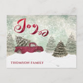 水の色の冬のシーン赤いトラック喜びホリデーカード ポストカード (正面)