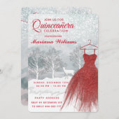 水の色の冬のシーン赤いドレスQuinceanera 招待状 (正面/裏面)