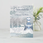 水の色の冬のシーン青いドレスQuinceanera 招待状 (スタンド正面)