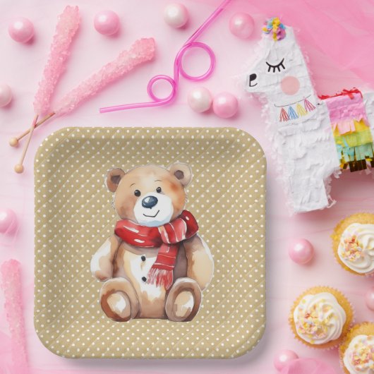 水の色の冬のテディベア水玉模様 ペーパープレート (パーティー)